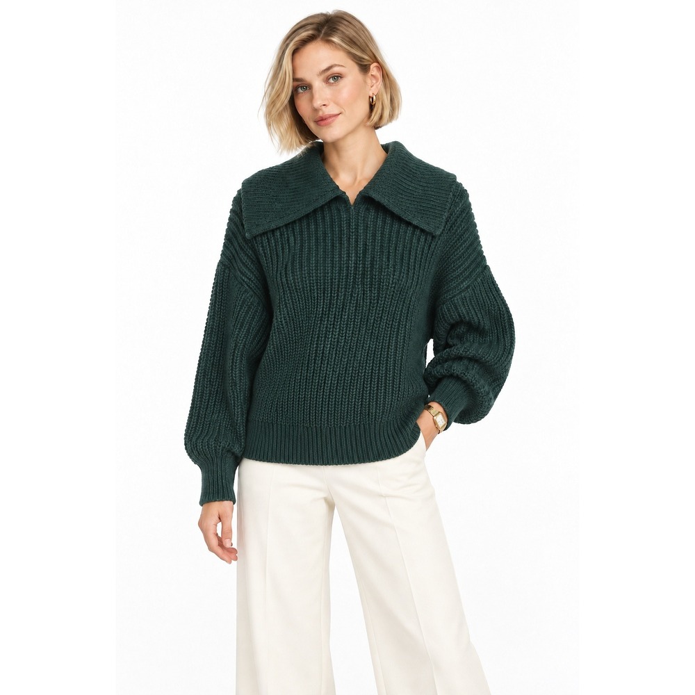 H&M Chunky Rib Knit Sweater Womens XS Dark Green Sailor Collar Coastal Preppy